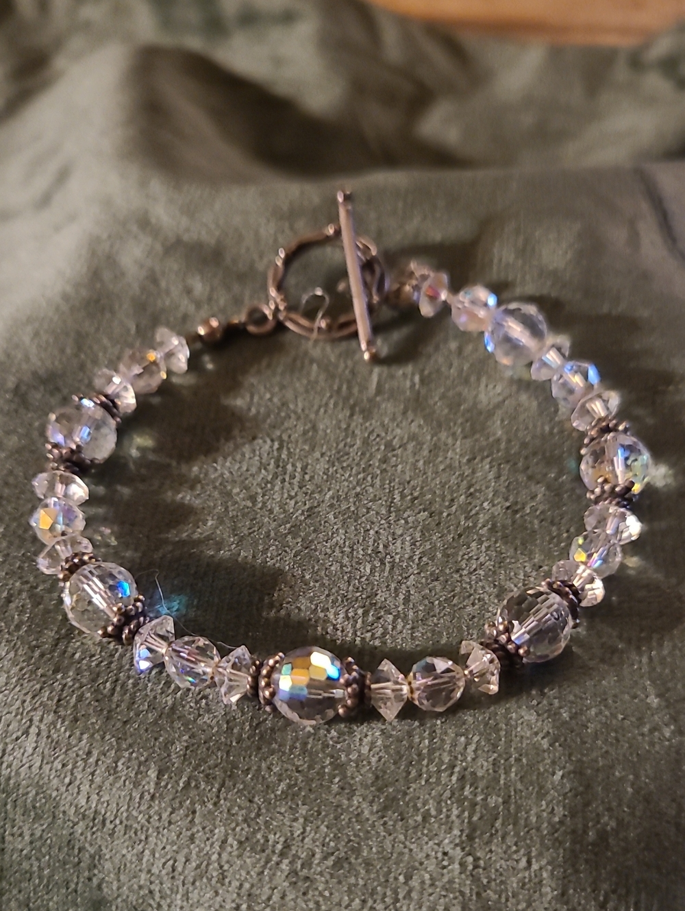 Vintage Swarovski AB Faceted Crystal Toggle Bracelet Silver Bali Spacers